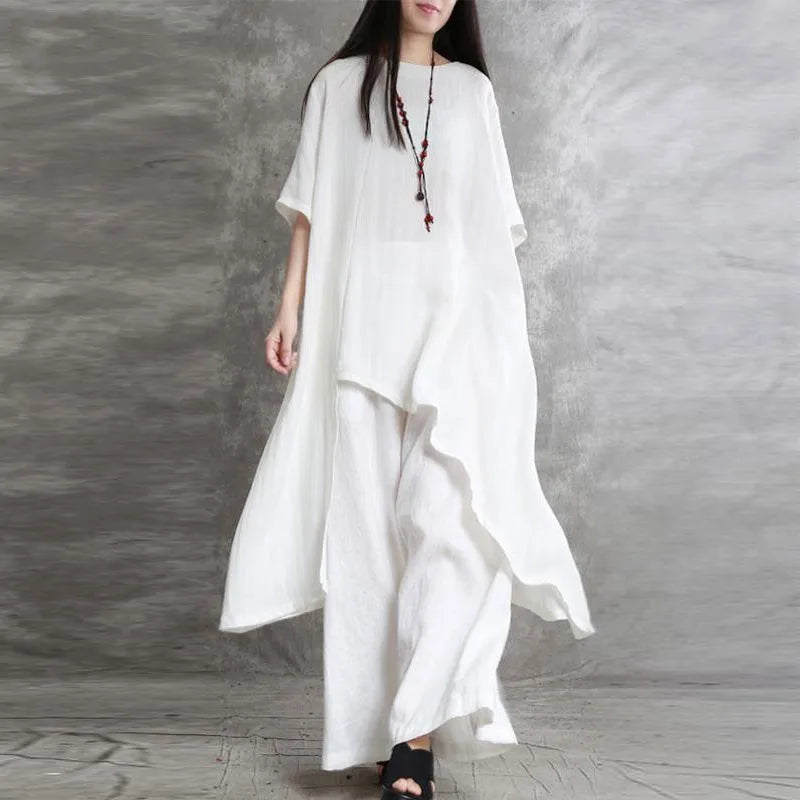 Cotton Linen Two-Piece Set Short-Sleeve O-Neck Top Wide-Leg Pants — Beige | KIMLUD
