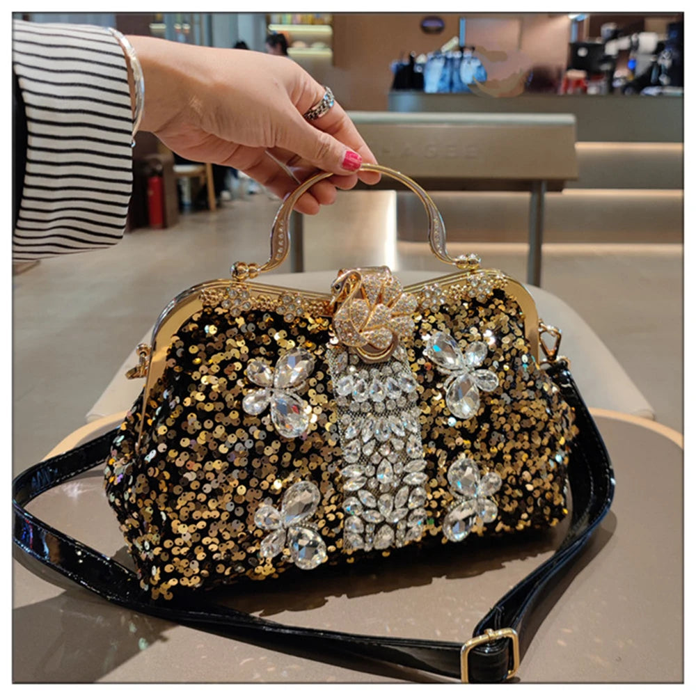 Leather Crystal Sequin Buckle Handbag — Black | KIMLUD