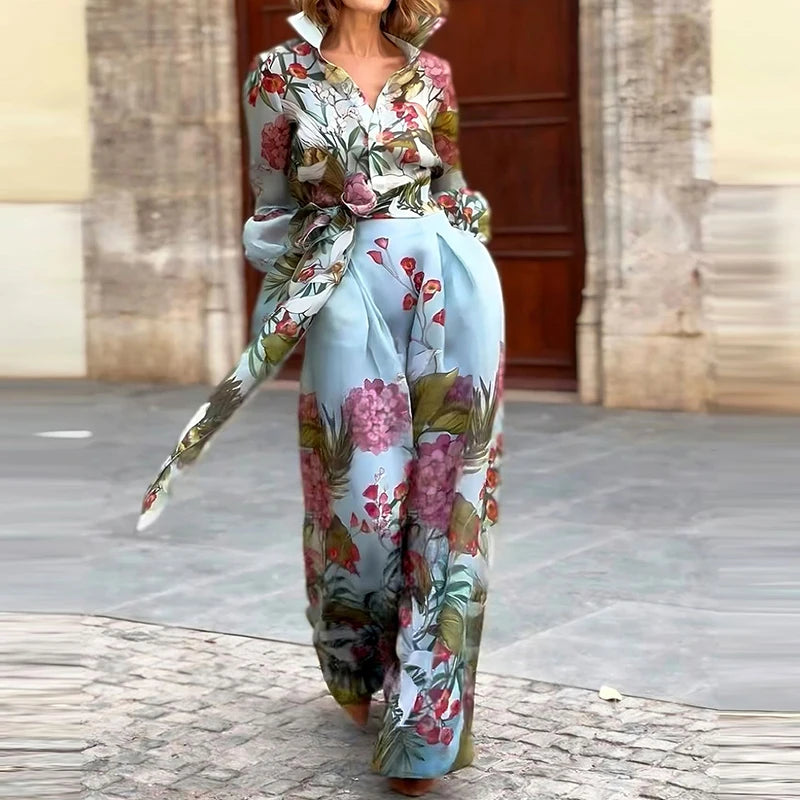 KIMLUD, Retro Floral Print Two Piece Women's Lapel Single Breasted Shirt Top with Long Skirt Suit Fashion Temperament Party Outfits, KIMLUD Womens Clothes
