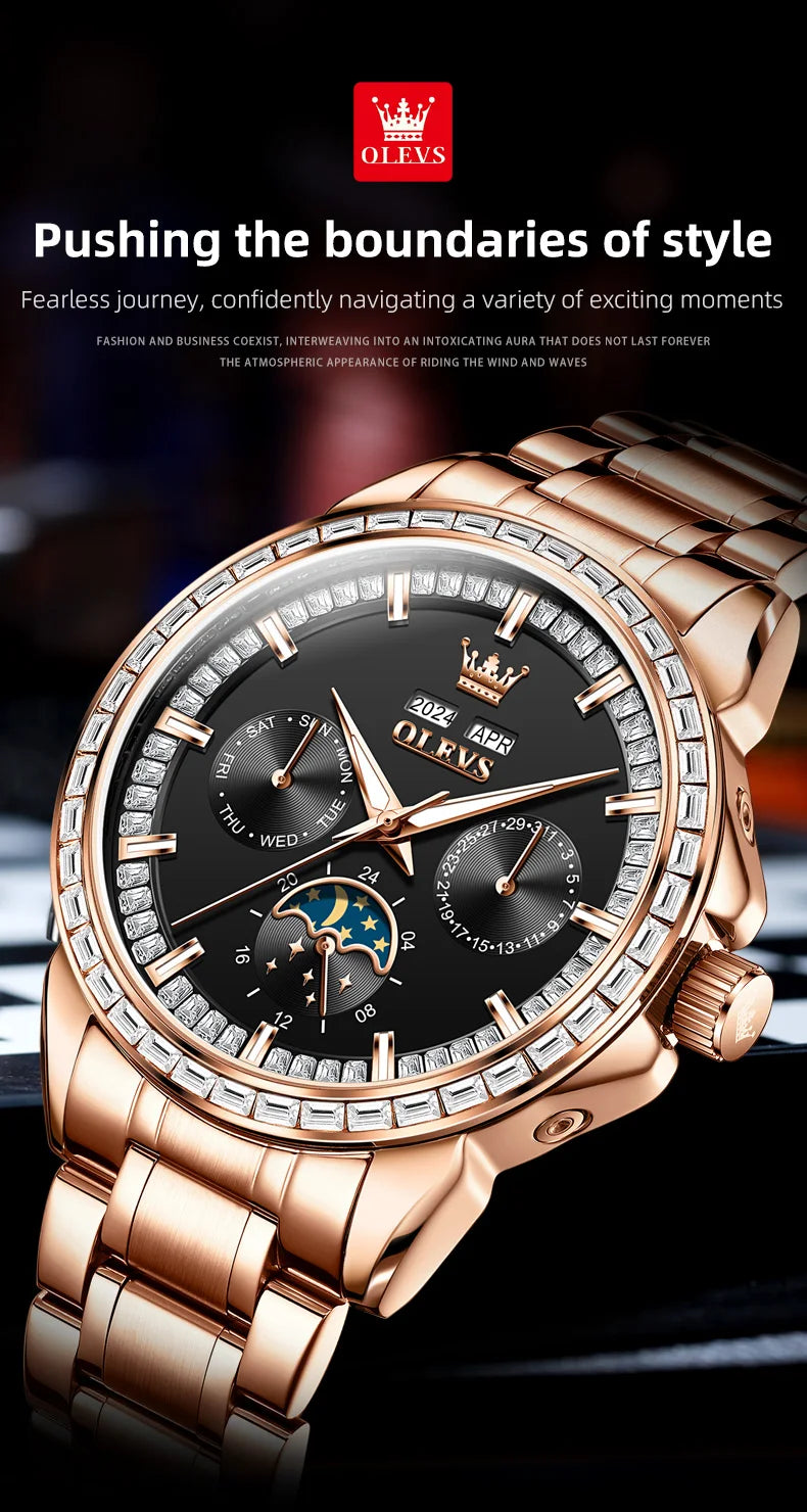 Rose-Gold Moon Phase Diamond Bezel Watch — Black | KIMLUD