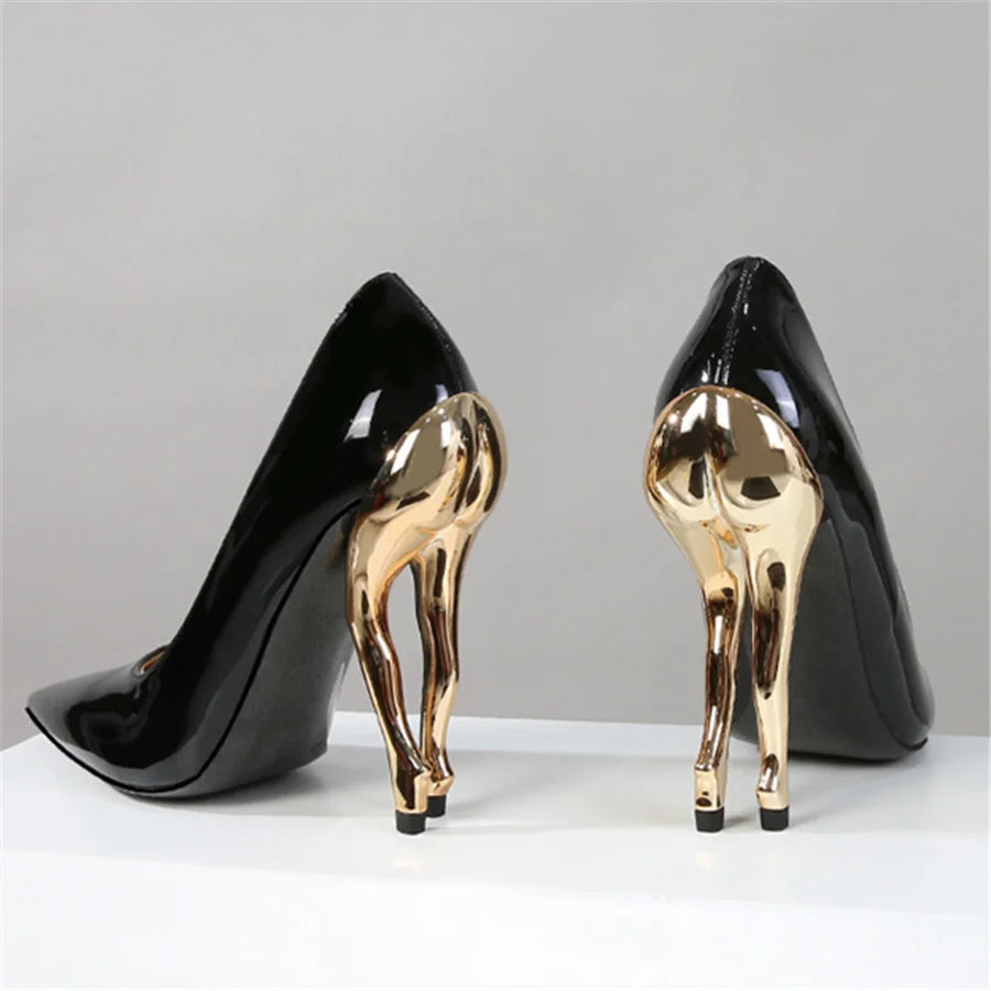 Deigner Gold Hip High Heels Runway Women Pumps Pointed Toe Strange Heel Dress Shoes Black Patent Leather Ladies Stiletto