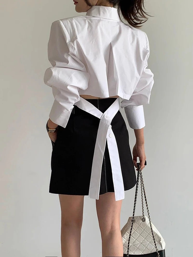 Cropped Cotton Shirt With Back Lace-Up Design And Hollow Out Detailing — White | KIMLUD