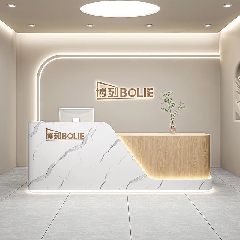 Curved Wood Reception Desk With LED Lights — White | KIMLUD
