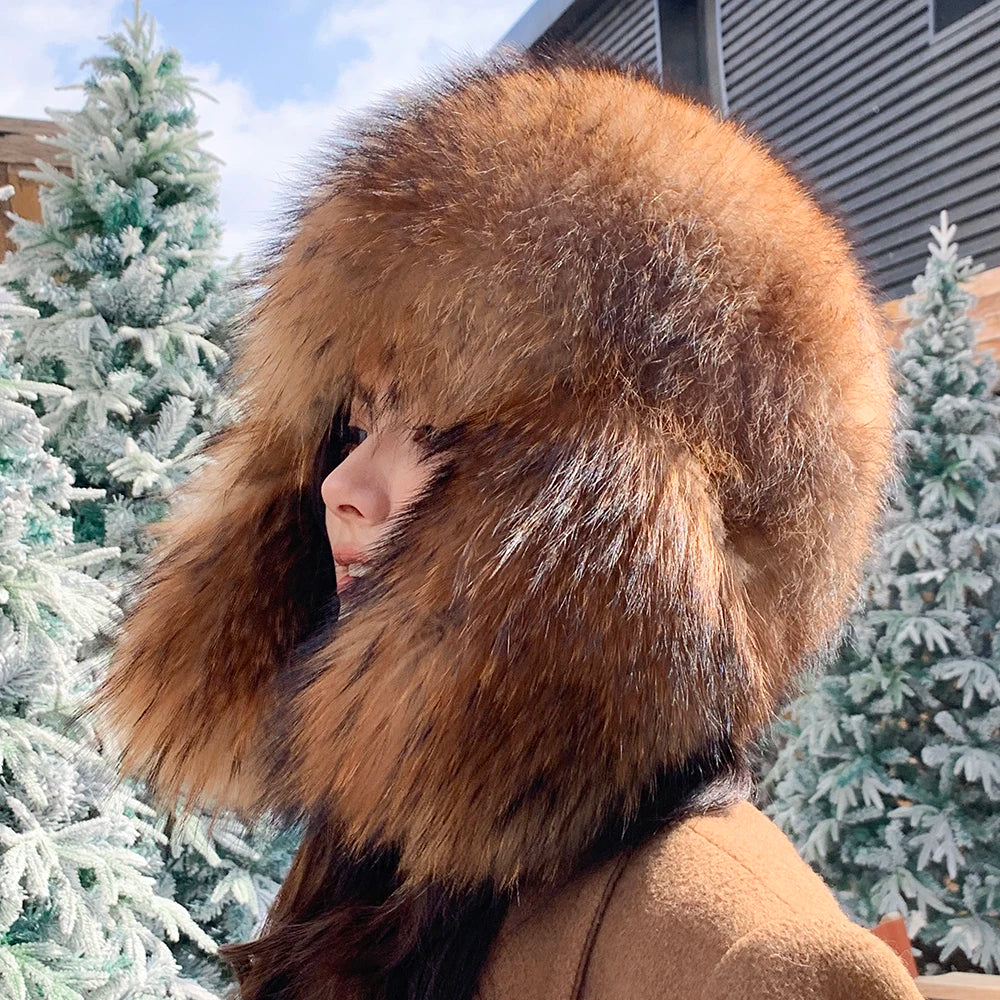 Natural Raccoon Fur Caps Russian Hat Unisex Trapper Fur Cap Aviator Trooper Winter Thickened And Warm Flaps Ski Hat Bomber Hats