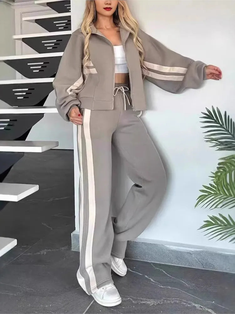 Two-Piece Set – Stand-Up Collar Zipper Top – Wide-Leg Pants – Striped | KIMLUD