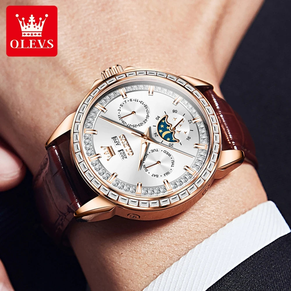 Leather Moon Phase Diamond Bezel Watch — Rose Gold | KIMLUD