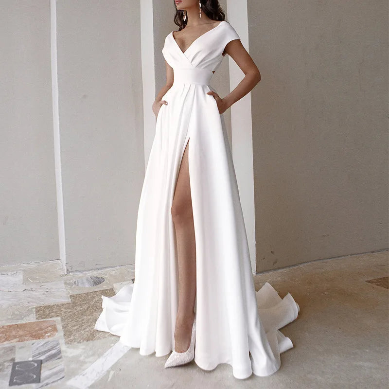 Sleeveless V-Neck Split Maxi Dress — White | KIMLUD