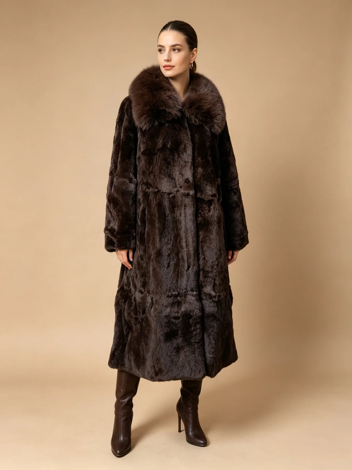 Rabbit Fur Coat – X-Long Rex Rabbit Fur – Fox Fur Collar | KIMLUD