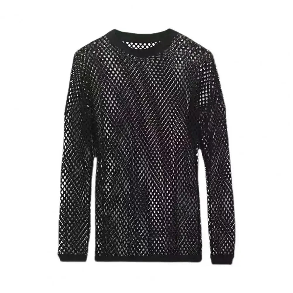 Mesh Top Hollow Design Long Sleeve Tee Loose Fit For Club Nights — Black | KIMLUD