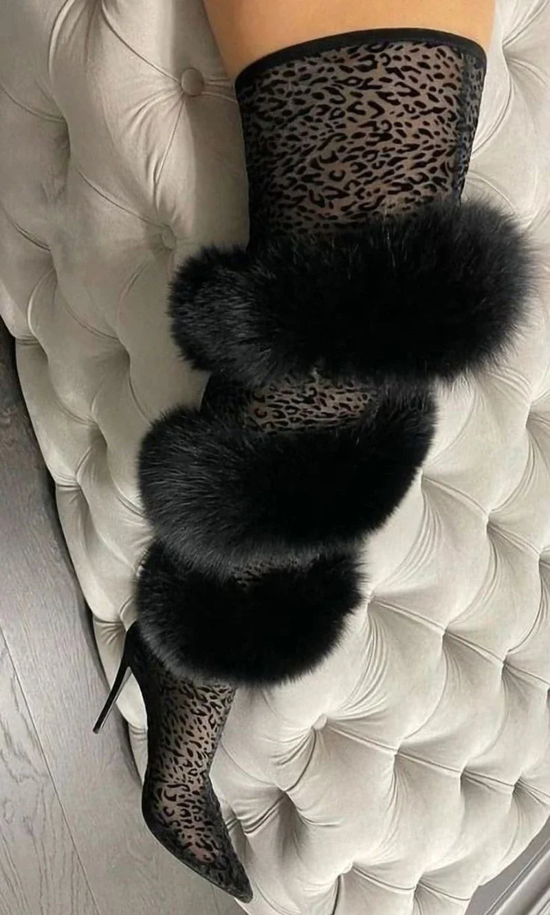 Lace Leopard Print Thigh-High Boots — Black | KIMLUD