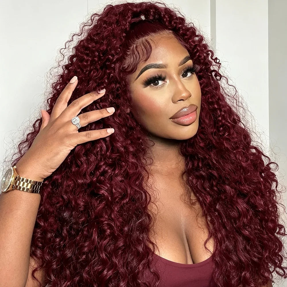 Deep Wave Human Hair Wig HD Lace Frontal 13x4 Burgundy 99J | KIMLUD
