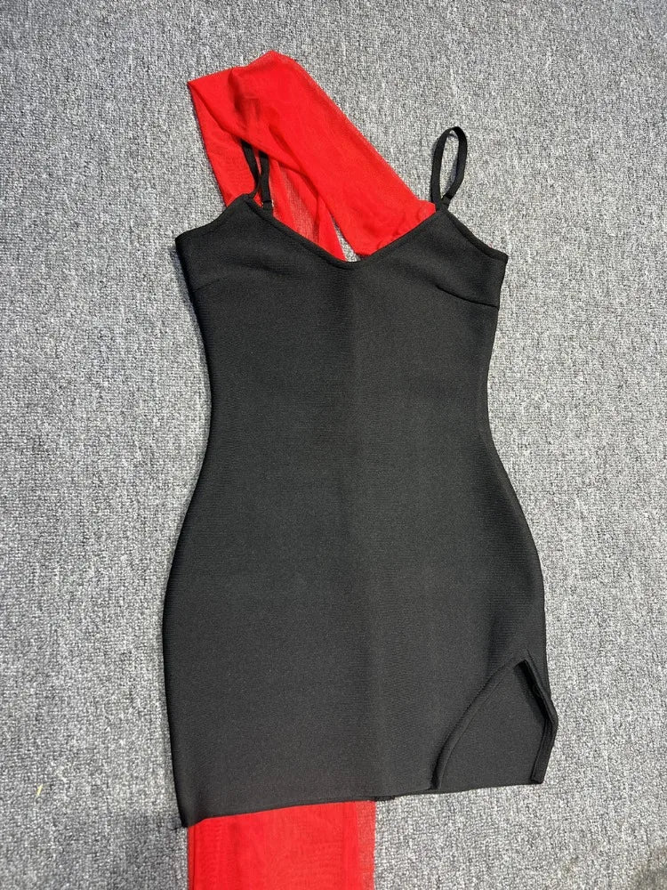 BEVENCCEL 2023 New in Sexy Black Women's Spaghetti Strap V-Neck Bodycon Mini Bandage Dress Elegant Party Celebrity Club Dresses