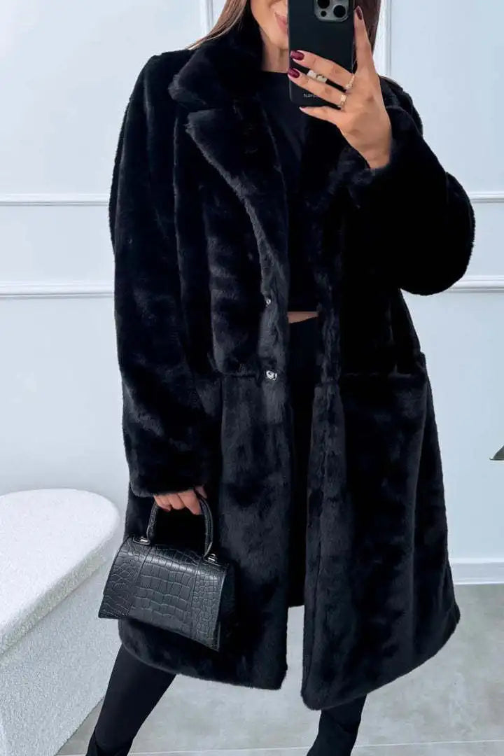 Autumn Winter Long Loose Pure Color Plu Rabbit Fur Coat with kets Women's plus Size Casual Outerwear Coat