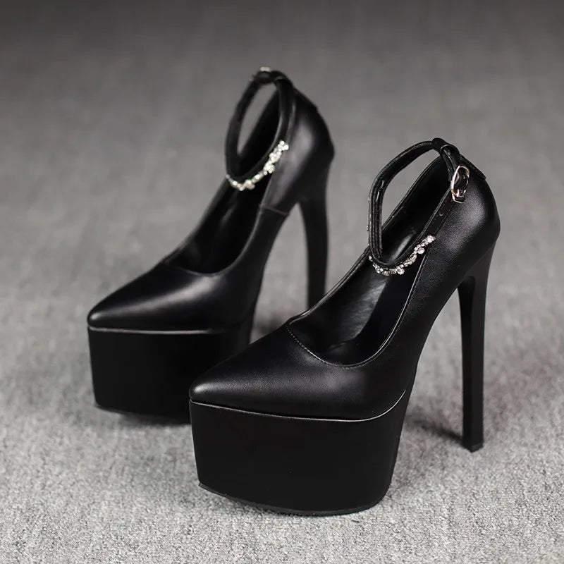 2026Stylish Rhinestone Straight Heel Single Shoes Stylish Pointed Toe Shallow Mouth Platform Heels