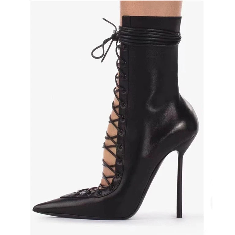Mesh Leopard Cross Tie Knee-High Boots — Gray | KIMLUD