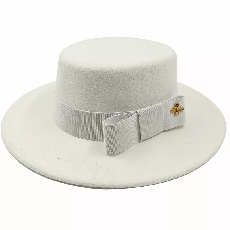 Wholesale Fedora hats Winter round concave convex surface flat top bow elastic ribbon men&#39;s and women&#39;s felt jazz hats Fedora - KIMLUD