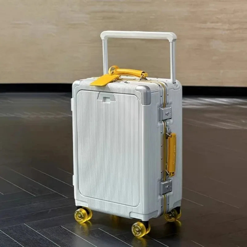 Front Opening Pocket Rolling Luggage Aluminum Frame Wide Handle Trolley Suitcase with Colorful Silent Wheels & USB Charging Plug