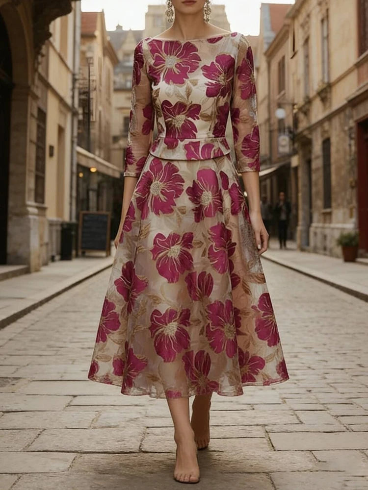 A-Line Maxi Dress – Printed O-Neck Pattern – Polyester | KIMLUD