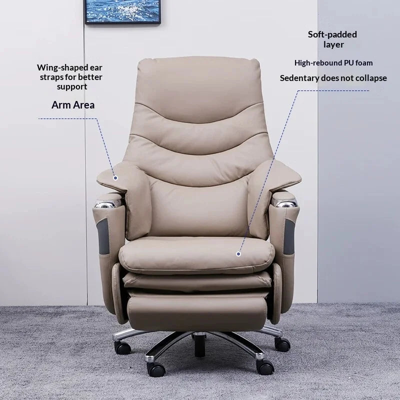 Beige recliner chair with features highlighted on a gray floor and white wall background