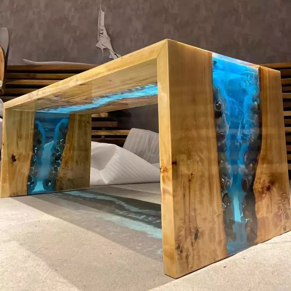 Walnut Wood Dining Table Top Amber Resin River — Walnut | KIMLUD