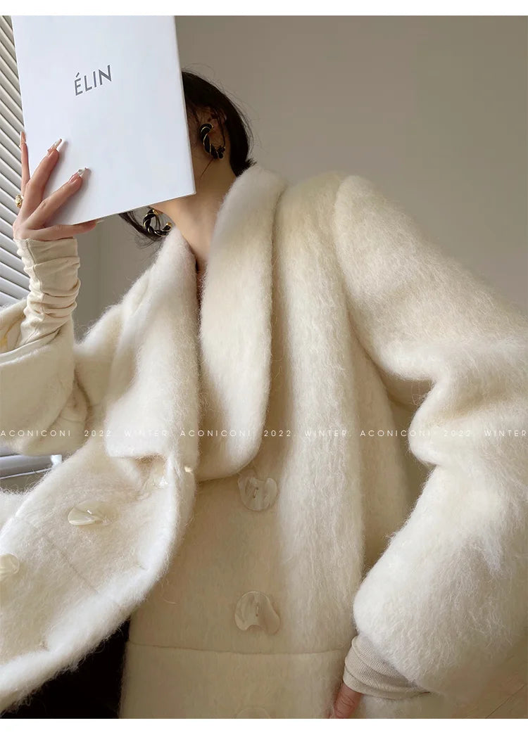 Coat – Double Breasted Long – Wool Blends – White | KIMLUD