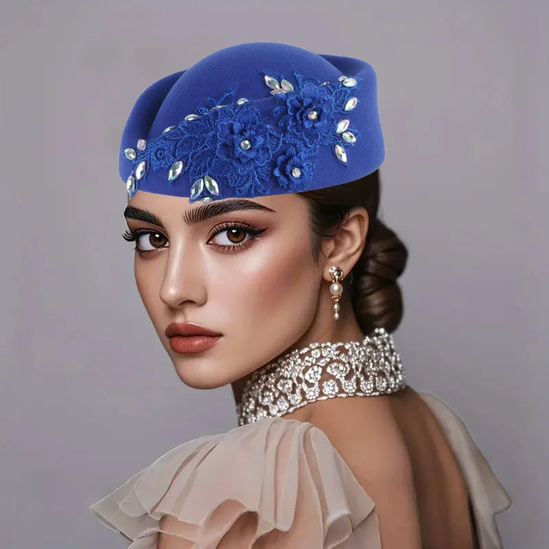 Beret Hat – Flower Embellishment – Polyester – Red and White | KIMLUD