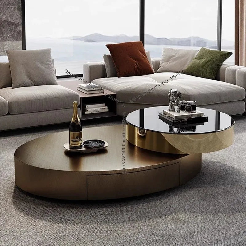Italian Luxury Coffee Tables Oval Rotating Center — Champagne Gold | KIMLUD