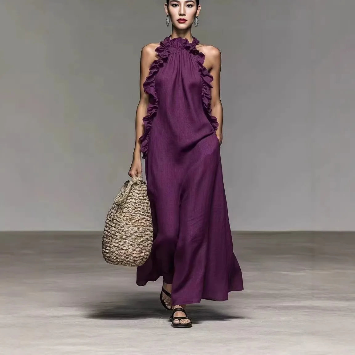Polyester Solid Halter Maxi Dress — Burgundy | KIMLUD