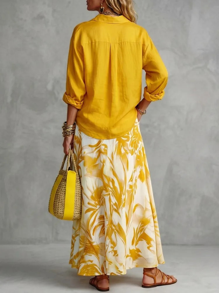 Lapel Blouse – Loose Buttoned – Polyester Fiber – Yellow | KIMLUD
