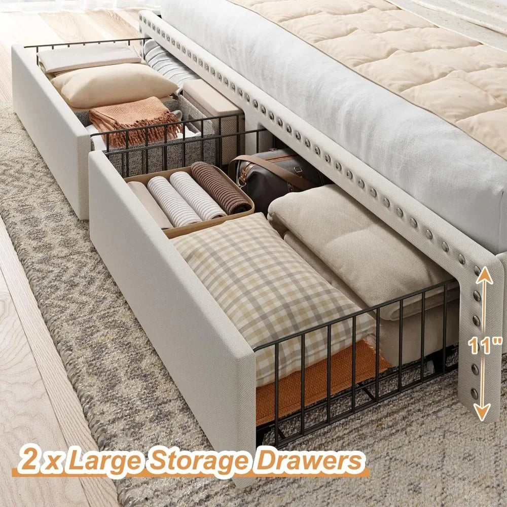 KIMLUD, King Size Bed Frame with Storage and Headboard, Upholstered Kings Beds Frames with Storage, King Bed Frame with 2 Drawers, KIMLUD Womens Clothes