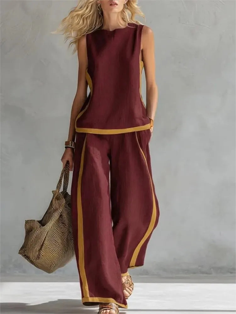 Two Piece Set – Striped Splicing – Synthetic Fiber | KIMLUD