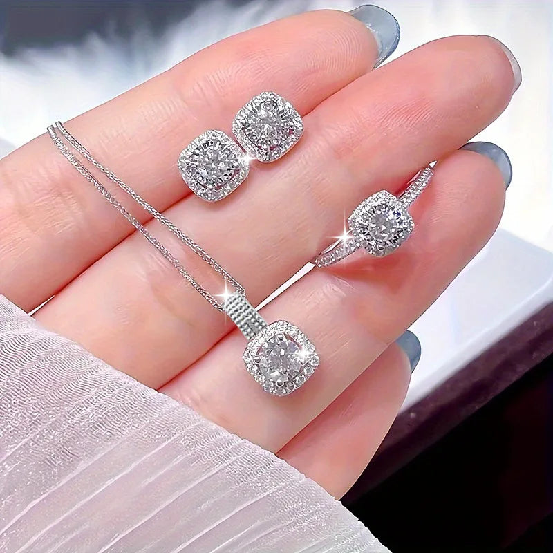 Silver-Tone Jewelry Set — Diamond Halo Necklace Earrings Ring — Silver | KIMLUD