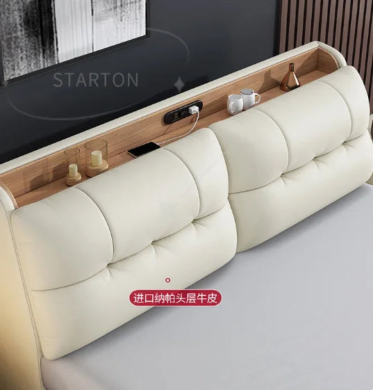 Pure White Nordic Style Oak Panel Queen Bed Frame Steel Frame Cama Modern Bed Queen Size Bed