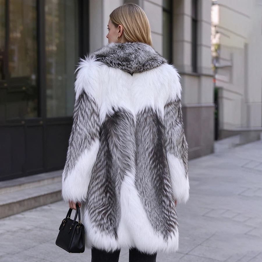 Fox Fur Coat – Turn-Down Collar – Fox Fur – Silver | KIMLUD