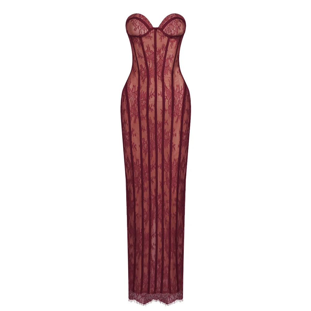 Evening Dress – Lace Decoration – Polyester – Wine Red | KIMLUD
