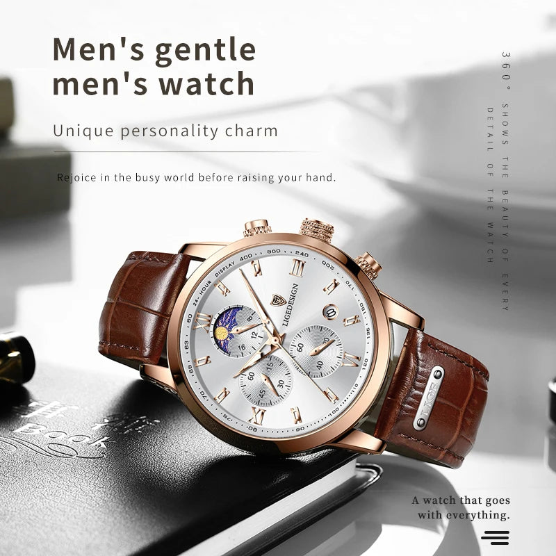 Leather Chronograph Military Watch 40–44mm Dial, Luminous Hands, 3 Bar Water Resistant — Black | KIMLUD