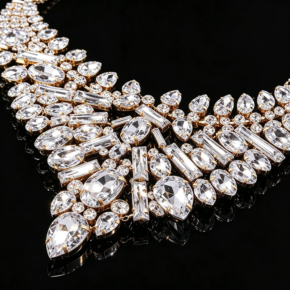 Crystal Bib Necklace Clear Rhinestone Teardrop Cluster Statement Collar Adjustable Jewelry for Women Bridal Wedding Prom Party