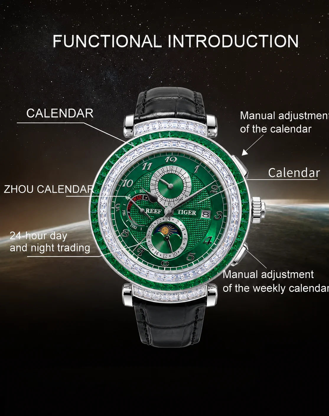 Men's Dress Watch – Moon Phase Date – Leather Strap – Green | KIMLUD