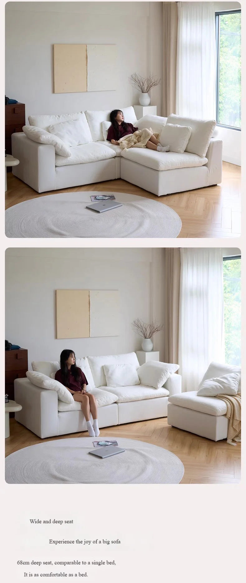 Velvet L-Shaped Sofa With Two-Three Seater Config — Ivory | KIMLUD