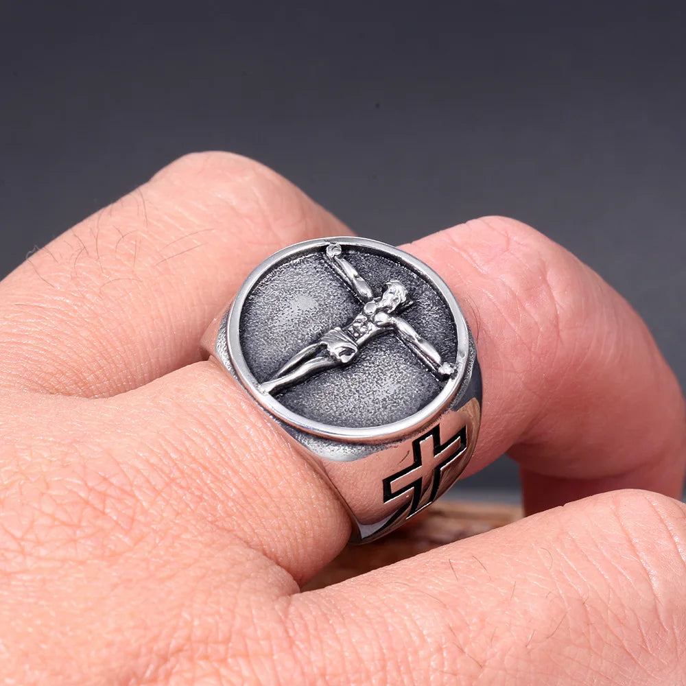 Vintage Catholic Jesus Cross Ring Men Punk Hip Hop Stainless Steel Biker Jesus Signet Rings Jewelry Amulet Gift Wholesale