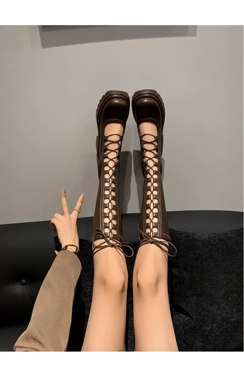 2024 Summer New Female Breathable Hollowed Out Mesh Boots Genuine Leather High Knight Boots Knee High Heels Show Thin Cool Boots