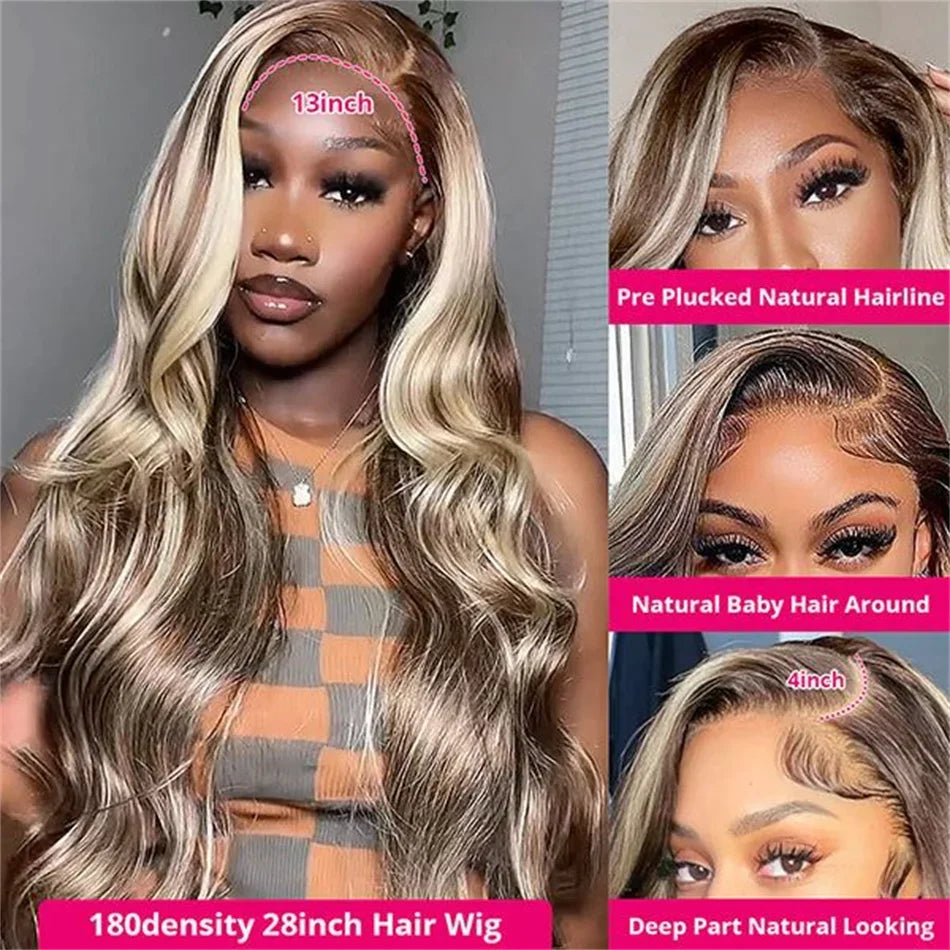 HD Blonde Highlight Body Wave Lace Front Wigs Remy Brazilian Colored Human Hair Wigs For Women Pre Plucked 13x4 Lace Frontal Wig