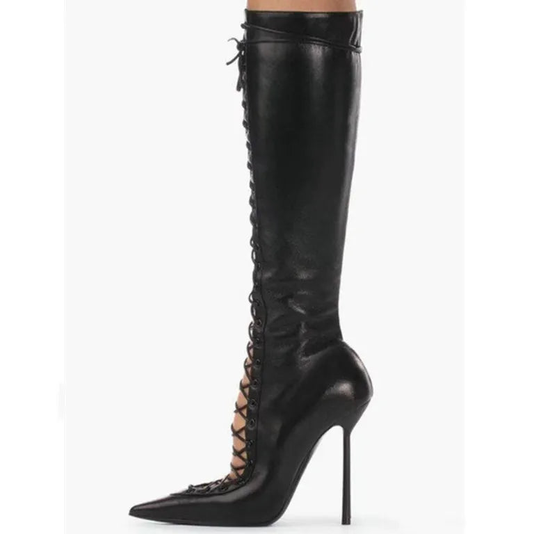 Mesh Leopard Cross Tie Knee-High Boots — Gray | KIMLUD