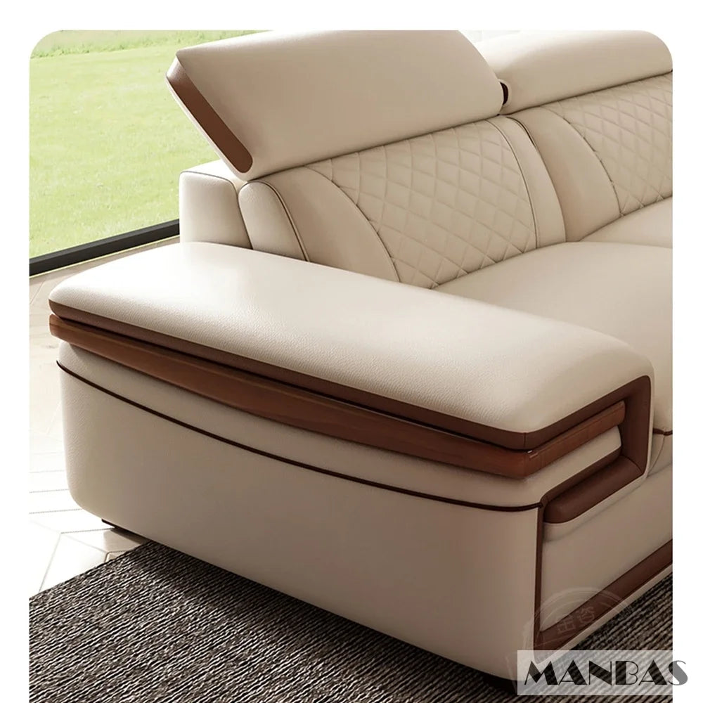 Genuine Italian Leather Sofa Set With Adjustable Headrests — Ivory | KIMLUD