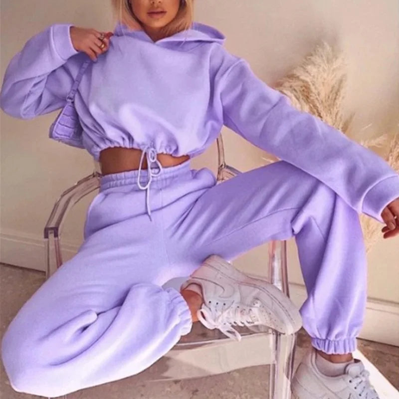 Polyester-Cotton Two-Piece Set Cropped Hooded Top and Joggers — Rose Pink | KIMLUD