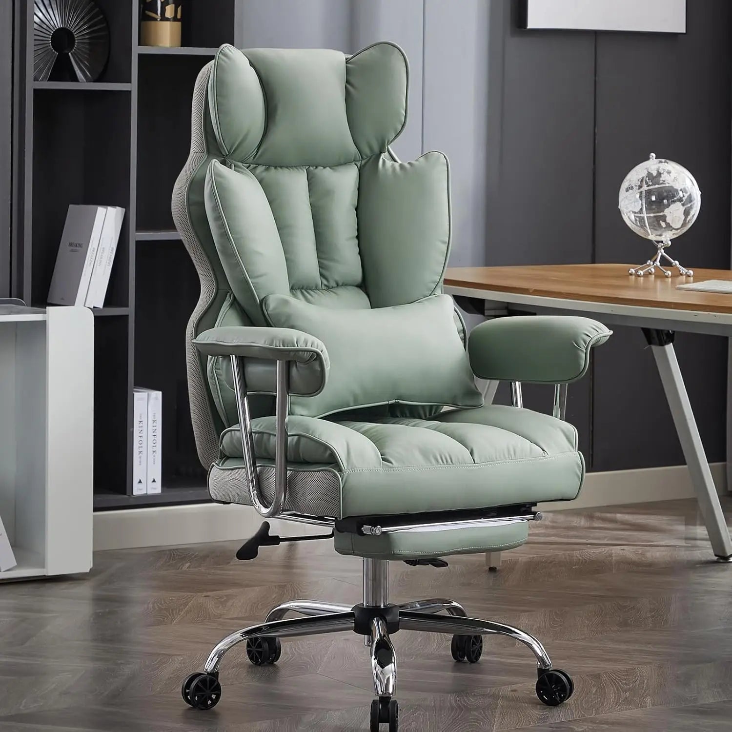 Heavy-Duty Executive Office Chair with Footrest - 400lbs Capacity, Reclining Back, Light Green Leather