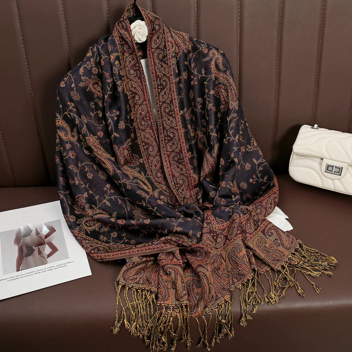 Cashmere Pashmina Shawl With Autumn Print Design, Olive Accents And Gold-Toned Fringe — Red | KIMLUD