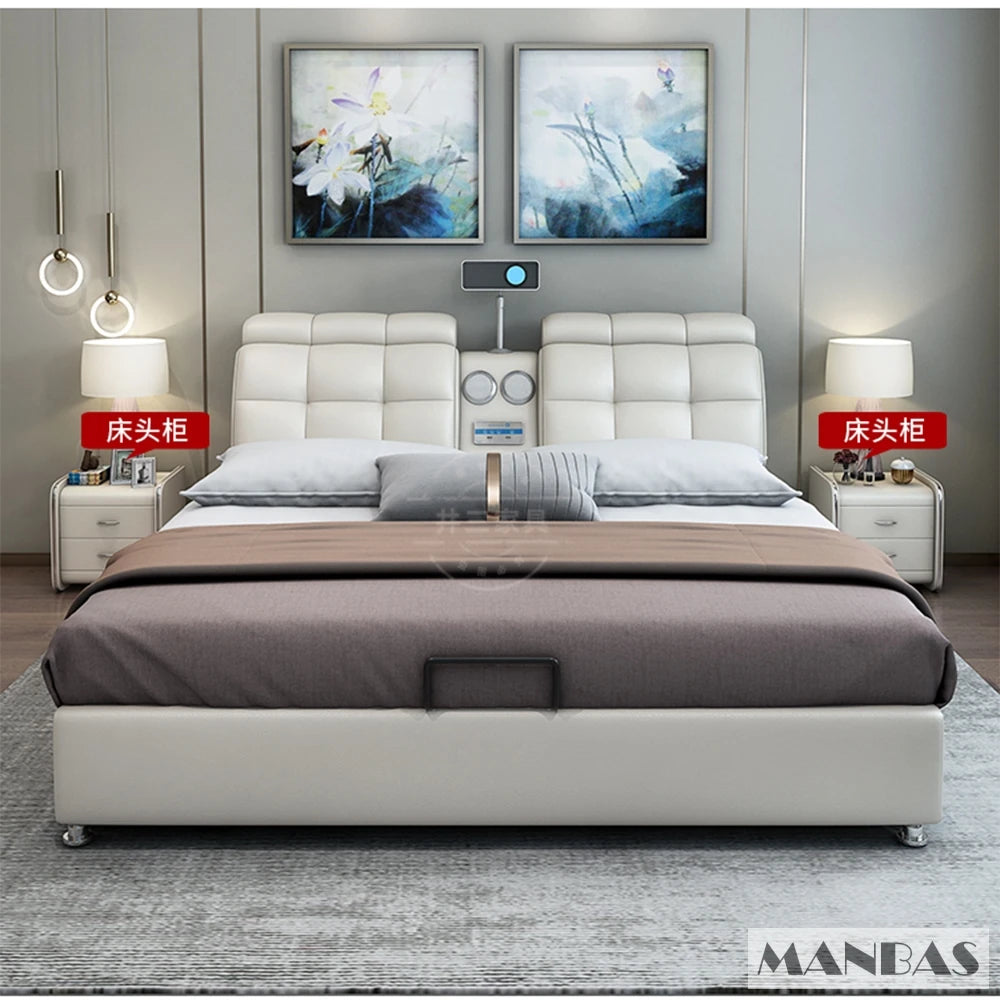 Genuine Leather Bed Frame Smart Multifunctional Tech — Ivory | KIMLUD