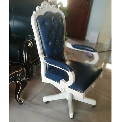 12American Genuine Leather Retro Carved Solid Wood Swivel Chair Office Chair Lift