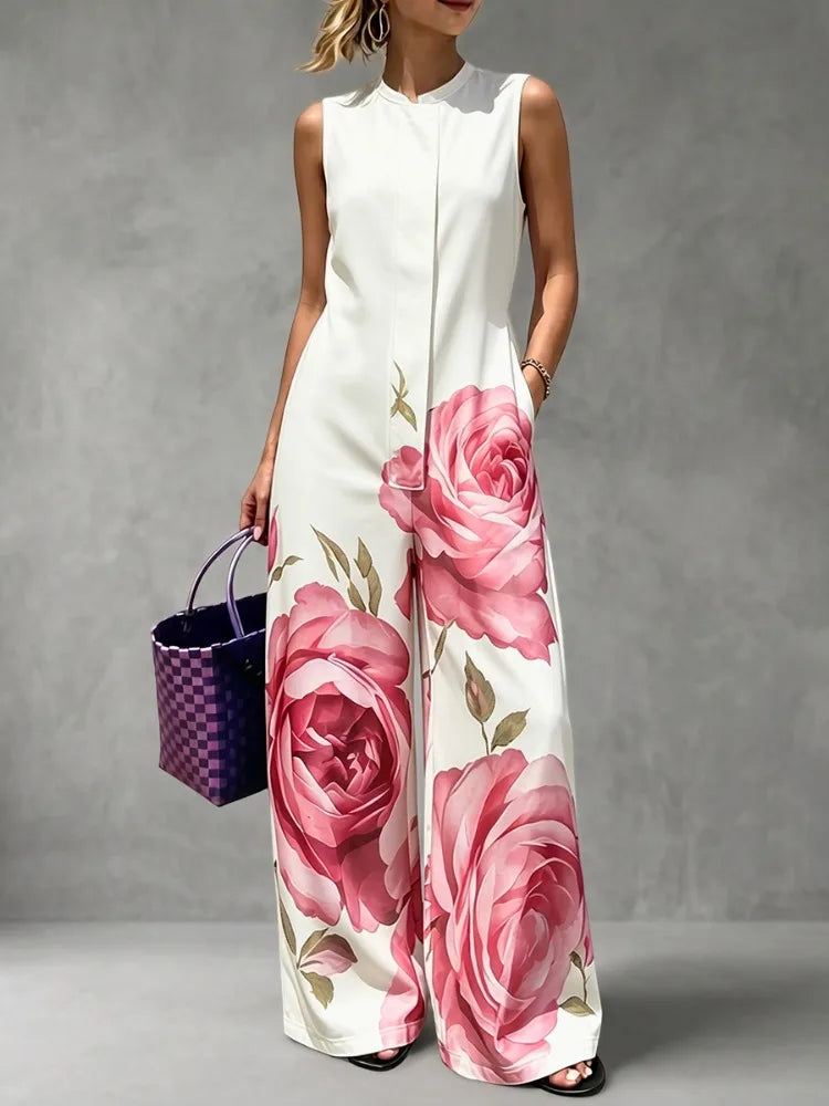 Polyester Elastane Floral Jumpsuit — Black | KIMLUD